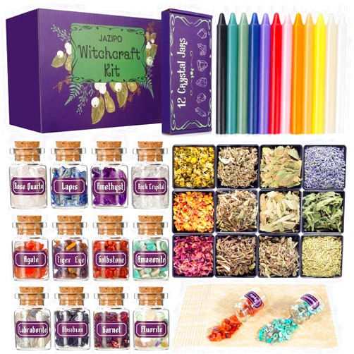 Generic [Upgrade] JAZIPO Witchcraft Supplies Kit for Wiccan Spells-Wiccan Altar Box of Colored Candles,Dried Herbs and Crystals for Beginners or Witches Spells Supplies,Pagan Decor
