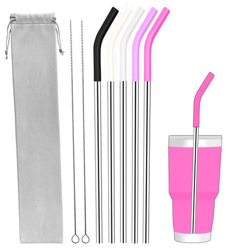 JINRICH Set of 5 Stainless Steel Straws for 30 Oz Tumbler,For Stanley 30 Oz Tumbler, Reusable Metal Straw with 10 Silicone Tips and 2 Straw Cleaning Brush （5 colours 4, 30oz）