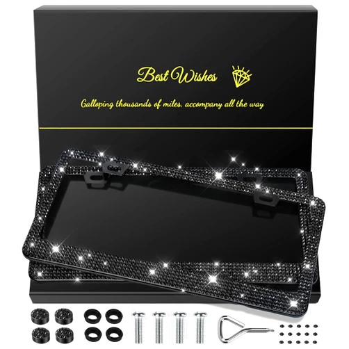 QUANQIUFEI 2 Pack Bling License Plate Frames for Women, Sparkly Rhinestone Diamond Car Accessories with Glitter Crystal Caps (Black)
