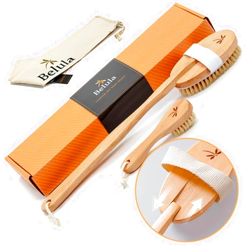 Belula Premium Dry Brushing Body Brush Set by Belula- Natural Boar Bristle Body Brush, Exfoliating Face Brush & One Pair Bath & Shower Gloves. Free Bag & How To – Great Gift For A Glowing Skin & Healthy Body