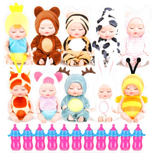 Retrowavy 10 Pcs 4 Inch Mini Baby Dolls Realistic Baby Doll Animal Clothes Cute Tiny Babies Gifts Set with 10 Pcs Nursing Bottles for Boys Girls Toddlers Kids 3+ Birthday Gift Big Fillers