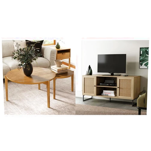 Nathan James Kendall Round Nesting Coffee Set of 2, Light Brown & 74101 Mina Modern TV Stand, Oak Wood Finish, Oak/Black