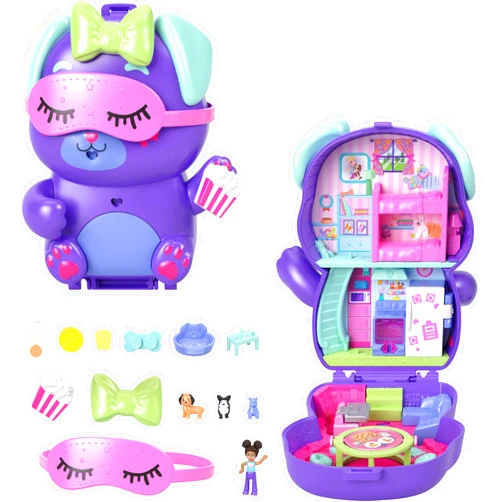 Polly Pocket Dolls and Playset, Sleepover Puppy Compact, Travel Toy with 1 Micro Doll, Pet Dogs, Food & Fashion Styling Accessories