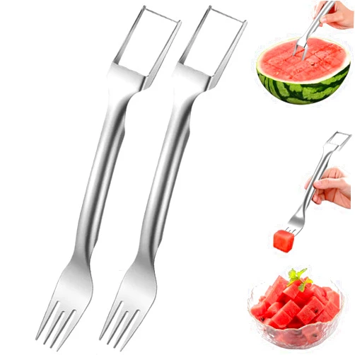GODTRVA Watermelon Cutter Slicer Tool, 2 in 1 Watermelon Cutter, Stainless Steel Watermelon Slicer, Portable Watermelon Fork, Fruit Watermelon Slicer Cutter for Kitchen Party Camping, 2PCS