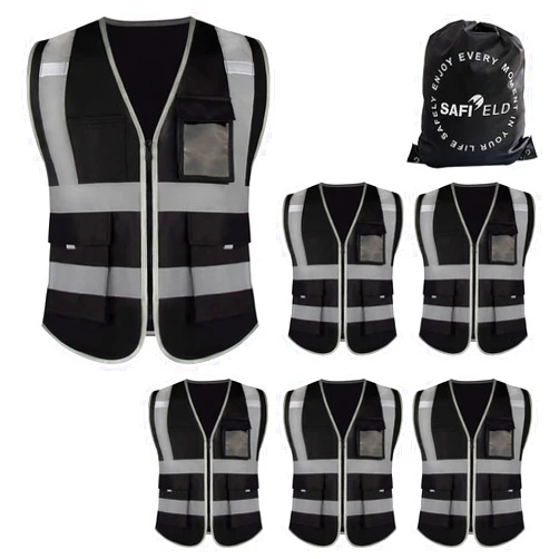 SAFIELD Safety Reflective Work Vest 6 Pack for Men and Women with 8 Pockets and Zipper High Visibility Construction Outerwear