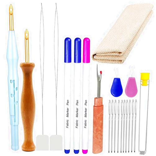 Y-Axis 21 Pcs Punch Needle Embroidery Kits Adjustable Rug Yarn Punch Needle, Wooden Handle Embroidery Pen, Fabric Marker Pen, Monks Cloth