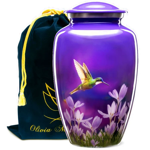 Olivia Memorials Urn for Ashes Women Men Adult | Hummingbird Urn for Female Male | FREE Pendant Necklace | Human Funeral Decorative Purple Urn for Mom Dad Pet Dog