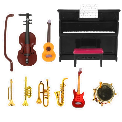 JOINPAYA 12 Pcs Dollhouse Musical Instruments Decorations: 1:12 Scale Miniature Violin Piano Trumpet Saxophone Electric Guitar Drum Tiny Christmas Instruments Set