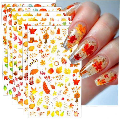 BSBTBZ 6Pcs Fall Nail Stickers for Nails Art - Cute Pumpkin Nail Decals Yellow Fallen Leaves for Nails Autumn Maple Leaf Theme Thanksgiving Nail Design Adhesive Sticker Sliders for Women Nail Art Decorations