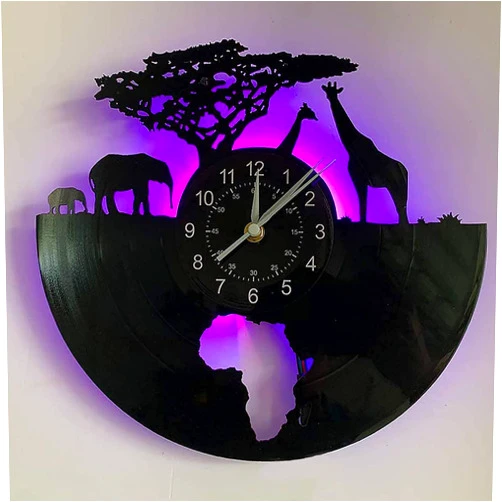 TuoHui African Wildlife Wall Clock Giraffe, Elephant|Led Light - Vinyl Records Clock Lamp Decoration for Living Room - DIY Safari Animals Lamp - Very Suitable for Children's and Men Birthday Gift