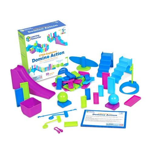 Learning Resources STEM Explorers Domino Action, STEM Toys for Kids, 59 Pieces, Age 5+ Gifts for Boys and Girls, 45 dominos, 10 double-sided challenge cards, obstacle pieces