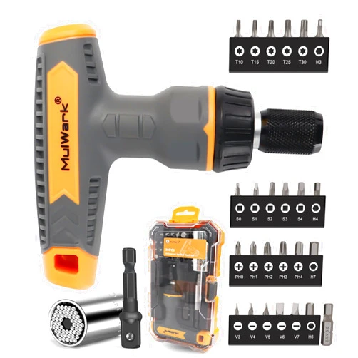 MulWark 30PC Super Universal Socket Tool - Magnetic Ratcheting Screwdriver with Torx/Square/Slotted/Phillips/Hexagonal Screwdriver Bits - Socket Set with Power Drill Adapter - Gift for Men