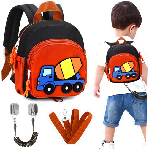 Accmor Toddler Leash Backpack, Child Safety Backpack with Anti Lost Wrist Link, Mini Kids Travel Essential Mini Rucksack Walking Harness, Cute Concrete Truck Bag Children's Leash Strap for Baby Boys