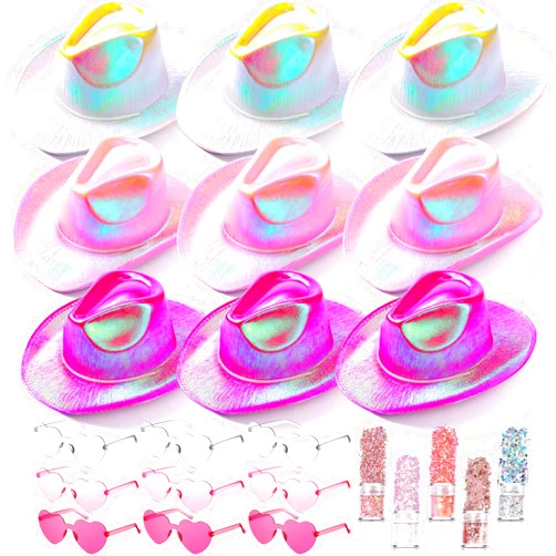 Coume 23 Pcs Cowboy Light up Hat Bulk Sparkly Holographic Cowgirl Hats with Heart Sunglasses for Women Costume Western Party