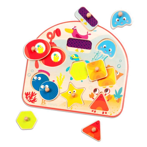 B. toys- Sea Treasures- Wooden Peg Puzzle – Sea Animals Puzzle – Ocean Peg Puzzle for Toddlers, Kids – 8 Chunky Pieces – 18 Months +