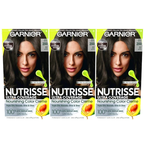Garnier Hair Color Nutrisse Ultra Coverage Nourishing Creme, 200 Deep Soft Black (Black Sesame) Permanent Hair Dye, 3 Count (Packaging May Vary)