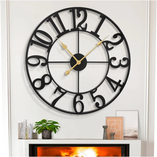 LEIKE Large Wall Clocks for Living Room,Silent,Non Ticking,Battery Operated Oversized Vintage Round Modern Metal Wall Clock for Bedroom,Farmhouse,Office Wall Decor-24 Inch(Black-Arabic Number)