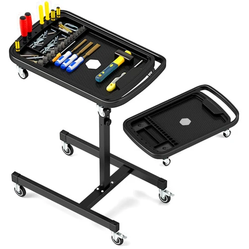 Goplus 2-in-1 Rolling Tool Tray, Height Adjustable Work Table w/Detachable Part Tray, Portable Mechanic Tool Cart on Wheels for Garage, Repair Shop, Workshop, 130 lbs Max Load