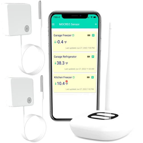 MOCREO WiFi Thermometer Freezer Alarm, Email Alert, App Notification, Data Record Export, No Subscription Fee, 2 Remote Wireless Temperature Sensors for Refrigerator, Freezer, Hot Tub