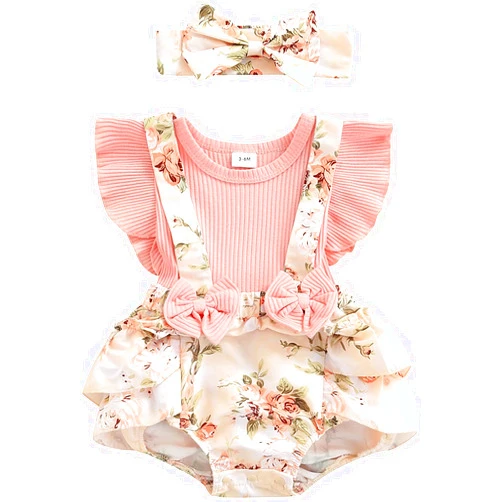 Socutebabe Baby Girl Floral Romper Newborn Dress Ruffle playsuit Suspender Shorts Jumpsuit Cute Summer Clothes and Headband