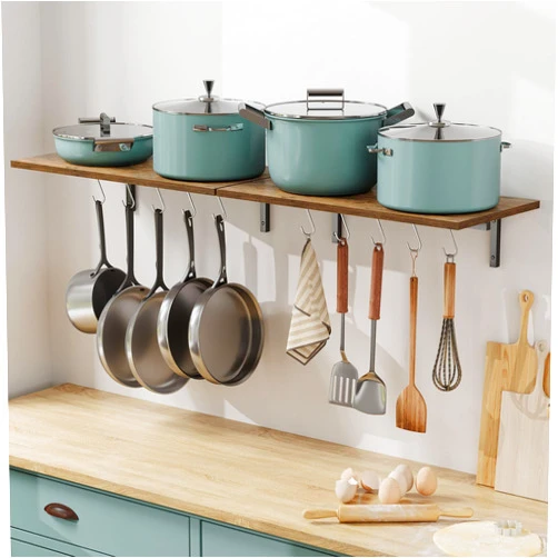 OROPY 2 Pack Wooden 23.6'' Pot Pan Hanging Rack Wall Mounted with 10 S Hooks, Set of 2 Large Pot Wall Holder Kitchen Shelves for Utensils, Cookware