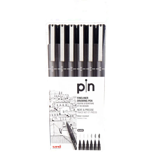 Uni-Ball Uni Pin Fineliner Drawing Pen - Sketching Set - Black Ink - 0.03 to 0.8mm - Set of 6