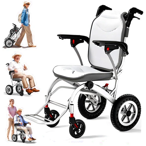 GLDDFDG Adjustable Transport Chair Lightweight 9.8 KG Portable Folding Wheelchair for Travel and Care with Ergonomic W-Seat, Aluminum Frame, 130 KG Capacity, Dual Shock Absorbers, 360° Swivel Wheels
