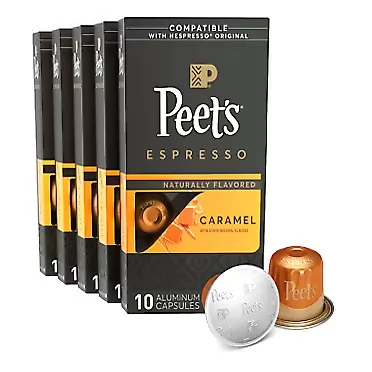 Peet's Coffee, Dark Roast Espresso Capsules Compatible with Nespresso Original Machine, Caramel 50 Count (5 Boxes of 10 Espresso Pods)