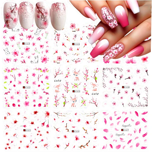 Sutaozhi Flowers Nail Stickers Decals 12Sheets Pink Cherry Blossoms Nail Water Stickers for Nail Art Design Pink Leaves Tree Sliders Nail Decals Spring Flower Watermark Sliders Transfer Nail Decor Stickers
