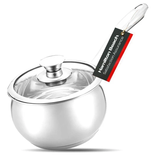 Hamilton Beach Sauce Pan Stainless Steel 2 Quart with Glass Lid, Ergonomic Handle, Multipurpose Sauce Pan with Lid, Small Pot for Cooking