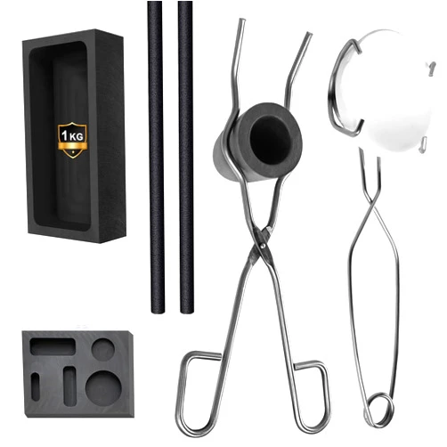 Nelyrho 8 pcs Torch Melting and Casting Kit, Including 2 Graphite Crucible Stir Sticks, Graphite Casting Mould 5-in-1, Graphite Ingot Mould, Quartz Crucible, Whip Tongs, Cylindrical Graphite for Metal Casting