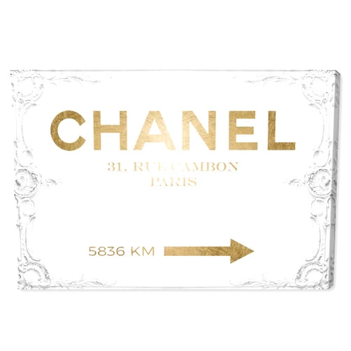 The Oliver Gal Artist Co. Typography and Quotes Contemporary Canvas Art - Couture Road Sign Rococo Gold, Wall Art for Living Room, Bedroom, and Bathroom, 24 in x 16, White and Gold Home Decor