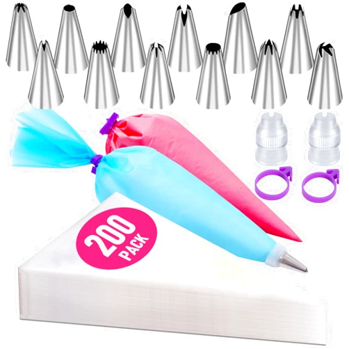 Wddeevoi 200Pcs Piping Bags and Tips Set, 12 Inch Pastry Bags, Cakes Decorating Kit Supplies, Icing Bags Disposable with 1 Reusable Piping Bags, 12 Frosting Tips, 2 Couplers, 2 Bag Ties