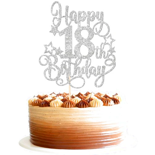 ZHUOWEISM 1 PCS Happy 18th Birthday Cake Topper Glitter Cheers to 18 Years Birthday Cake Pick Hello 18 Fabulous Cake Decoration for Happy 18th Birthday Anniversary Party Decorations Supplies Silver