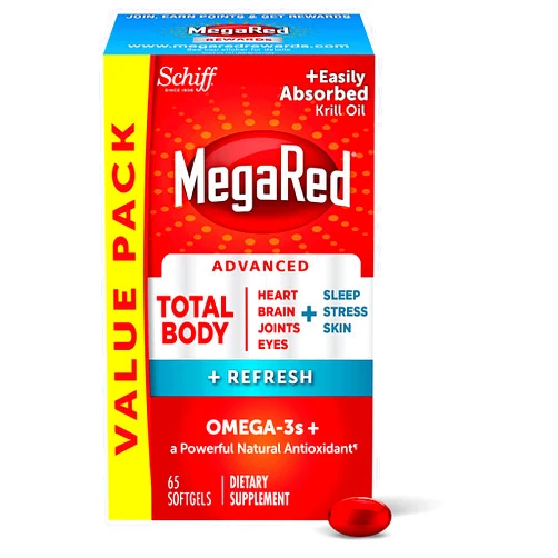 MegaRed Omega-3 Blend Total Body + Refresh 500mg Softgels, MegaRed (65 count in a bottle), Easily Absorbed Krill Oil, To Support Your Heart, Joints, Brain & Eyes