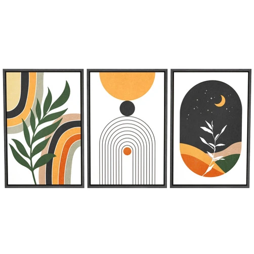 SIGNWIN Framed Canvas Print Wall Art Set Boho Mid-Century Crescent Moon Plant Landscape Nature Abstract Modern Art Bohemian Decorative for Living Room, Bedroom, Office - 16
