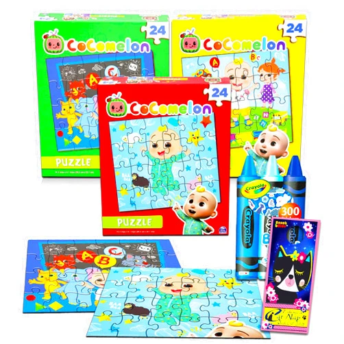 Co Co Cocomelon Premier 48 Pc Puzzle Set for Kids - Cocomelon Party Supplies Bundle with 3 Cocomelon Puzzles, Crayola Animal Stickers and More (Cocomelon Games and Activities for Kids)