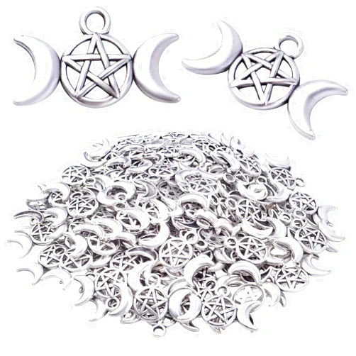 Hmjpng 100pcs Antique Silver Pentagram Moon Charms Tibetan Alloy Triple Moon Goddess Pendants Pentacle Crescent Dangle Charms for DIY Necklace Bracelet Crafts Jewelry Making