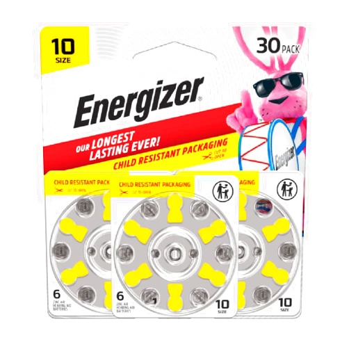 Energizer Hearing Aid Batteries Size 10, Yellow Tab, 30 Pack