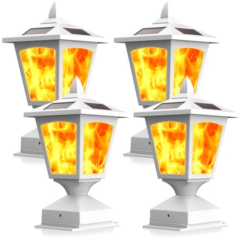 BlueYang Solar Post Flame Light,Outdoor Deck Fence Post Cap LED Light,Waterproof 4x4 5x5 6x6 White Post Top Solar Powered Light with Flickering Flame for Garden Outside, 4 Pack