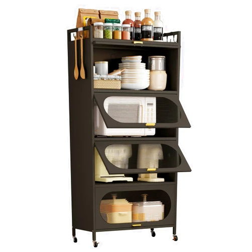 Dyoung Metal Kitchen Storage Cabinet with Flip-up Doors, Freestanding Pantry Cabinet with 4 Rolling Wheels, 5-Tier Mobile Microwave Stand with Storage Rack for Kitchen Dining Living Room (Black)