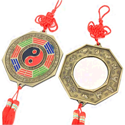 Dinhomela 2PC Chinese Feng Shui Bagua Mirror Metal Yin Yang Bagua Mirror with China Knot Good Luck Prayer Applicable Office, Relocation, Murder House, Haunted, Door God,Car Pendant (6IN)