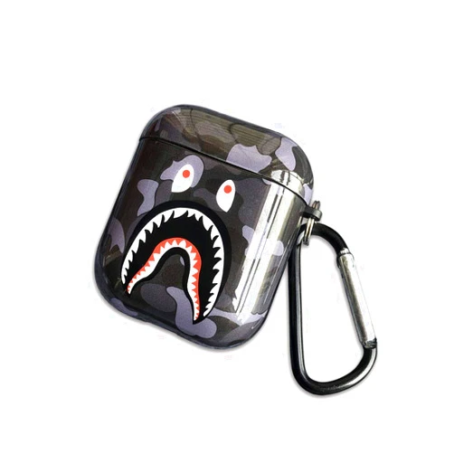LONGYILI Shark Teeth Softshell Silicone Camouflage Airpods Case, IMD Case Shockproof Case Skin with Key Ring, Suitable for Apple Airpods 1 & 2 Charging Box (Black)