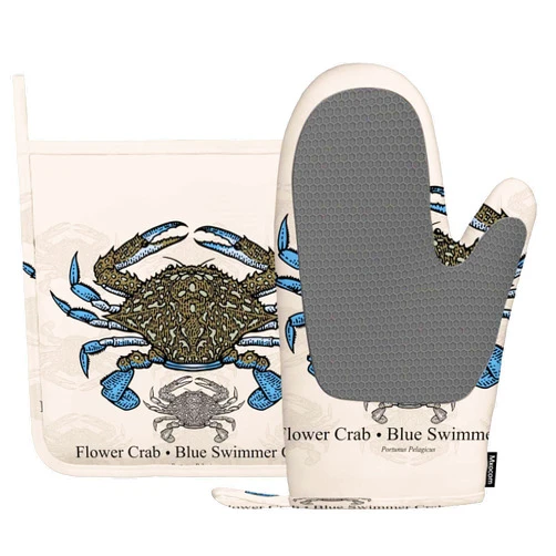 Mxocom Ocean Beach Theme Silicone Oven Mitts and Pot Holders Sets Crab Watercolor Marine Animal Vintage Nautical Sea Wildlife BBQ Gloves for Kitchen,Cooking,Baking,Grilling