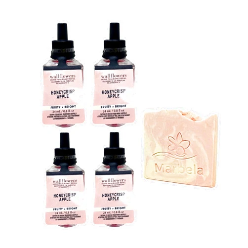Bath & Body Works Honeycrisp-Apple 4 Pack Wallflowers Fragrance Refill Set with a Himalayan Salts Springs Sample Soap