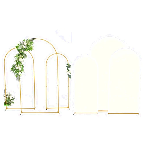 Vincidern Wedding Arch Backdrop Stand and Cover Set, (7.2FT, 6.6FT, 5.9FT), 3 Gold Metal Arch Stands, 3 White Spandex Arch Covers for Parties, Birthdays, Baby Showers, Bridal, Banquets, Ceremonies