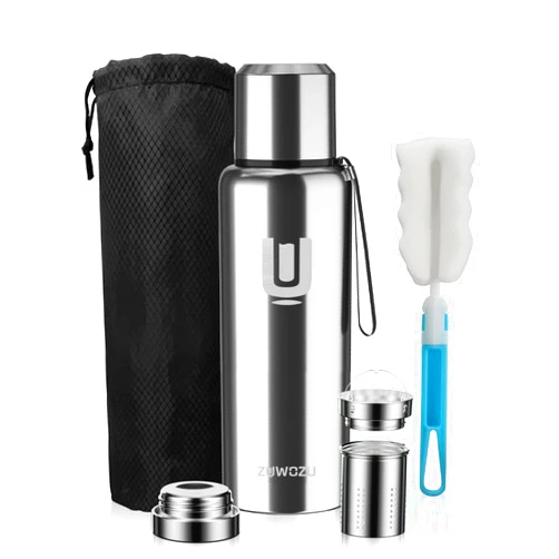 ZUWOZU Insulated Water Bottle with Sleeve & Strap, Double Walled Vaccum Water Jug, 18/10 Stainless Steel Water Bottles for Coffee, Tea (Silver, 20oz)
