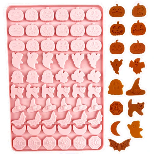 Orapink 1 Piece Halloween Silicone Chocolate Molds Pumpkin, Ghost, Cat, Witch's Hat, Moon, Spider web and Bat Shape 3D Chocolate Candy Moulds for Halloween/Holiday