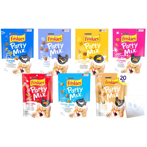 CHRONOS ENTERPRISES LLC Friskies-Party Mix Cat Treats HUGE Variety Pack - Seven Flavors: Whitefish, Turkey & Gravy, Cheddar, Turkey & Bacon, Chicken, Lobster & Shrimp and More! + Pet Paws Notepad (6oz Each, 42oz Total)