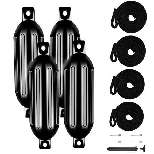 VEITHI Boat Fenders 4 Pack, Ribbed Twin Eyes Vinyl Boat Fender Bumpers, Boat Bumpers for Docking, Come with Ropes Needles and Pump to Inflate (4 Sizes,Multiple Colors Available)